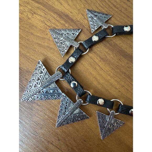 Boho Statement Necklace Silver Tone Triangles Black Tassels Adjustable Chain - Picture 8 of 9